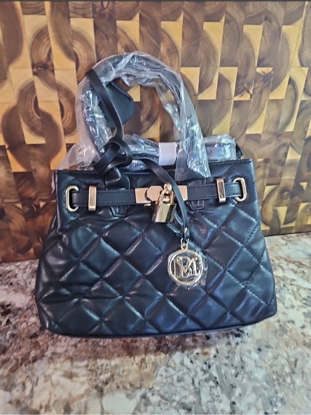 Badgley Mischka Quilted Black Satchel with Gold Hardware